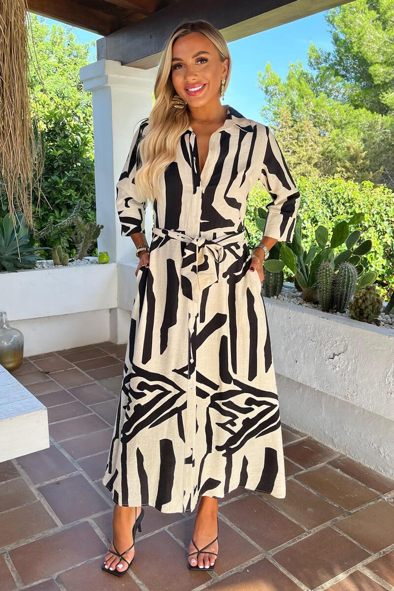 Ax Paris Black And Cream Abstract Print 3/4 Sleeve Shirt Midi Dress