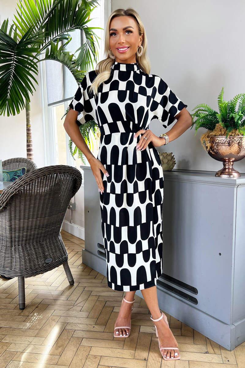 ax paris Black And Cream Abstract Print High Neck Wrap Skirt Midi Dress