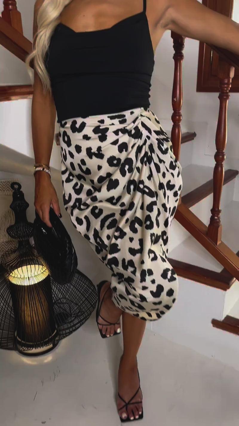 Ax Paris Black And Cream Leopard Print 2 In 1 Strappy Cowl Neck Gathered Midi Dress
