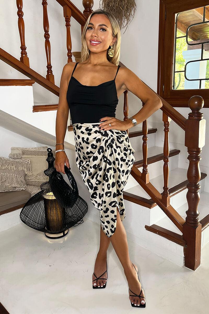 Ax Paris Black And Cream Leopard Print 2 In 1 Strappy Cowl Neck Gathered Midi Dress