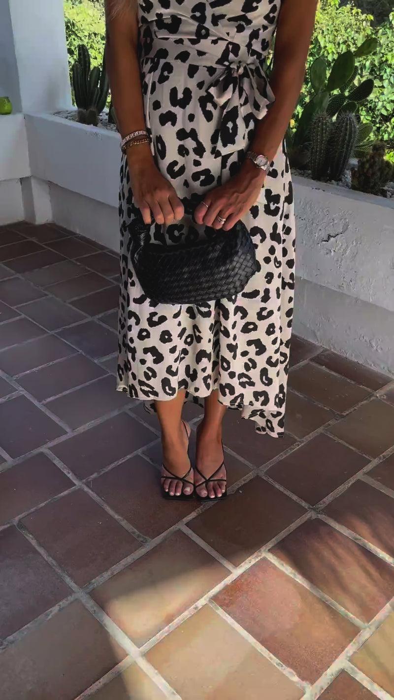 Ax Paris Black And Cream Leopard Print Short Sleeve Belted Wrap Midi Dress