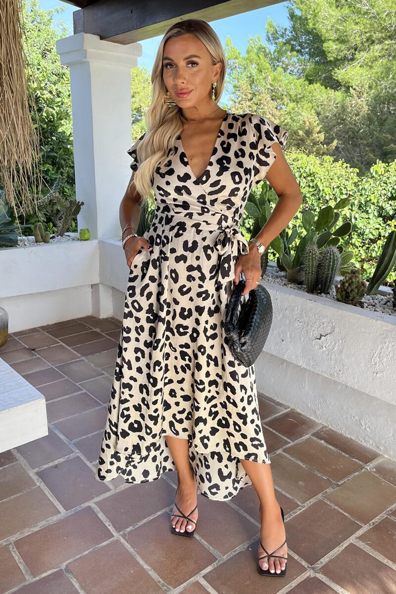 ax paris Black And Cream Leopard Print Short Sleeve Belted Wrap Midi Dress