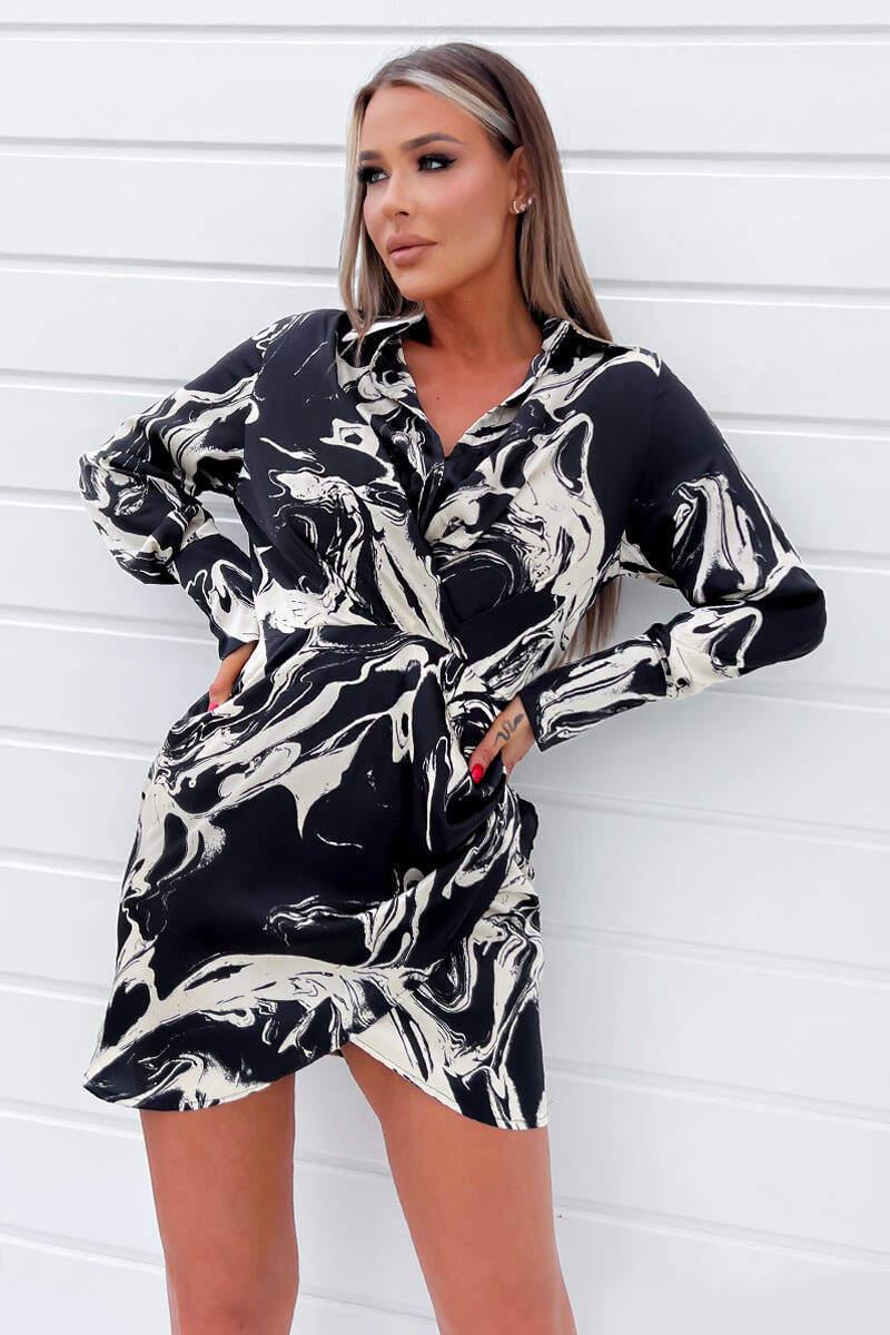 Ax Paris Black And Cream Marble Print Wrap Shirt Mini Dress