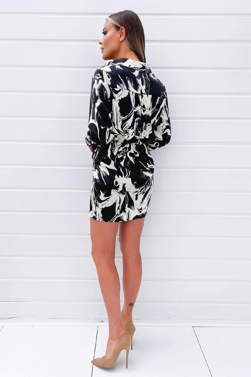 Ax Paris Black And Cream Marble Print Wrap Shirt Mini Dress