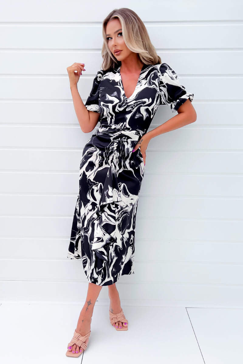 Ax Paris Black And Cream Printed Frill Front Midi Dress
