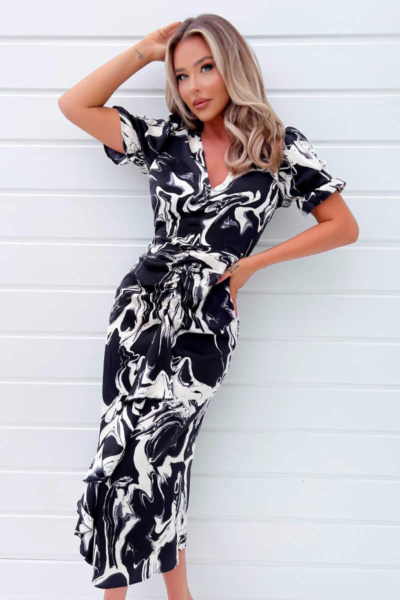 Ax Paris Black And Cream Printed Frill Front Midi Dress