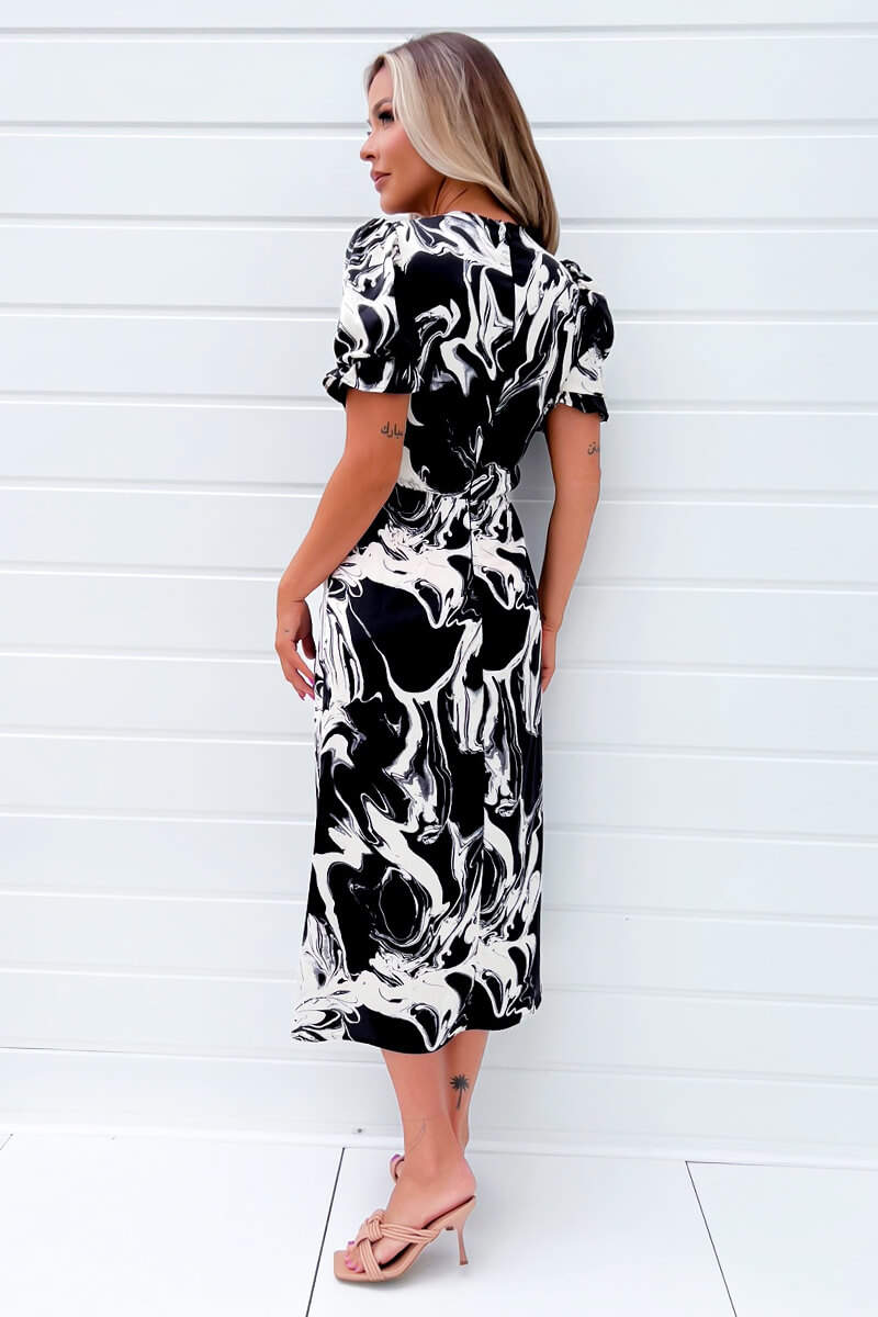 Ax Paris Black And Cream Printed Frill Front Midi Dress