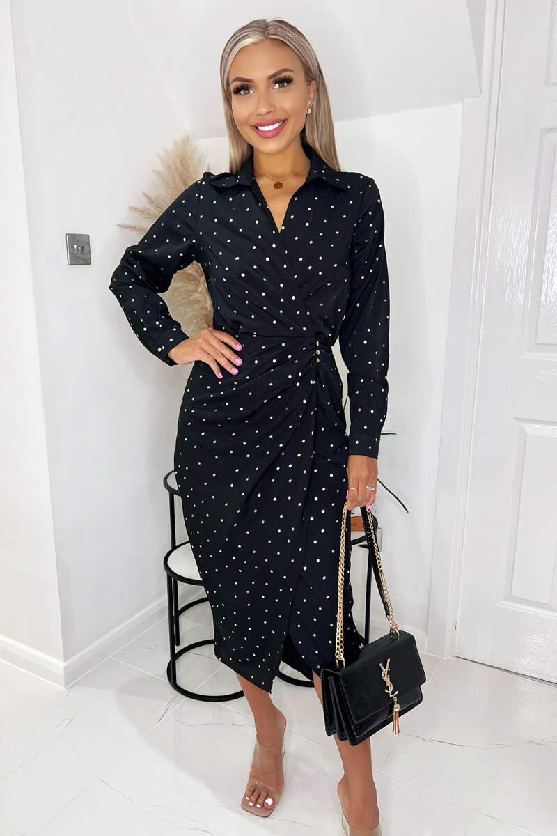 ax paris Black And Gold Polka Dot Gathered Midi Dress