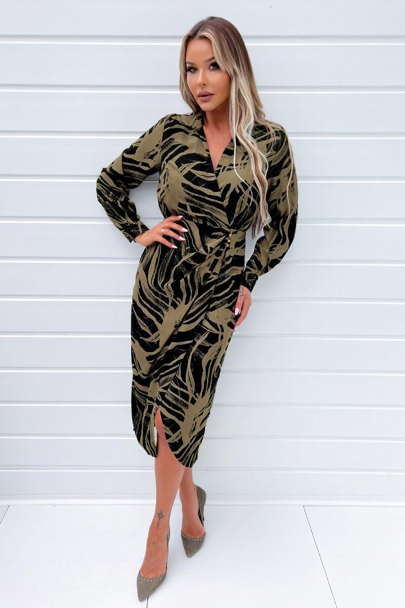 Ax Paris Black And Khaki Print Wrap Collared Midi Dress