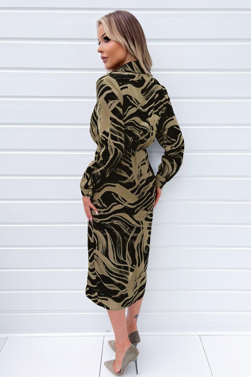Ax Paris Black And Khaki Print Wrap Collared Midi Dress
