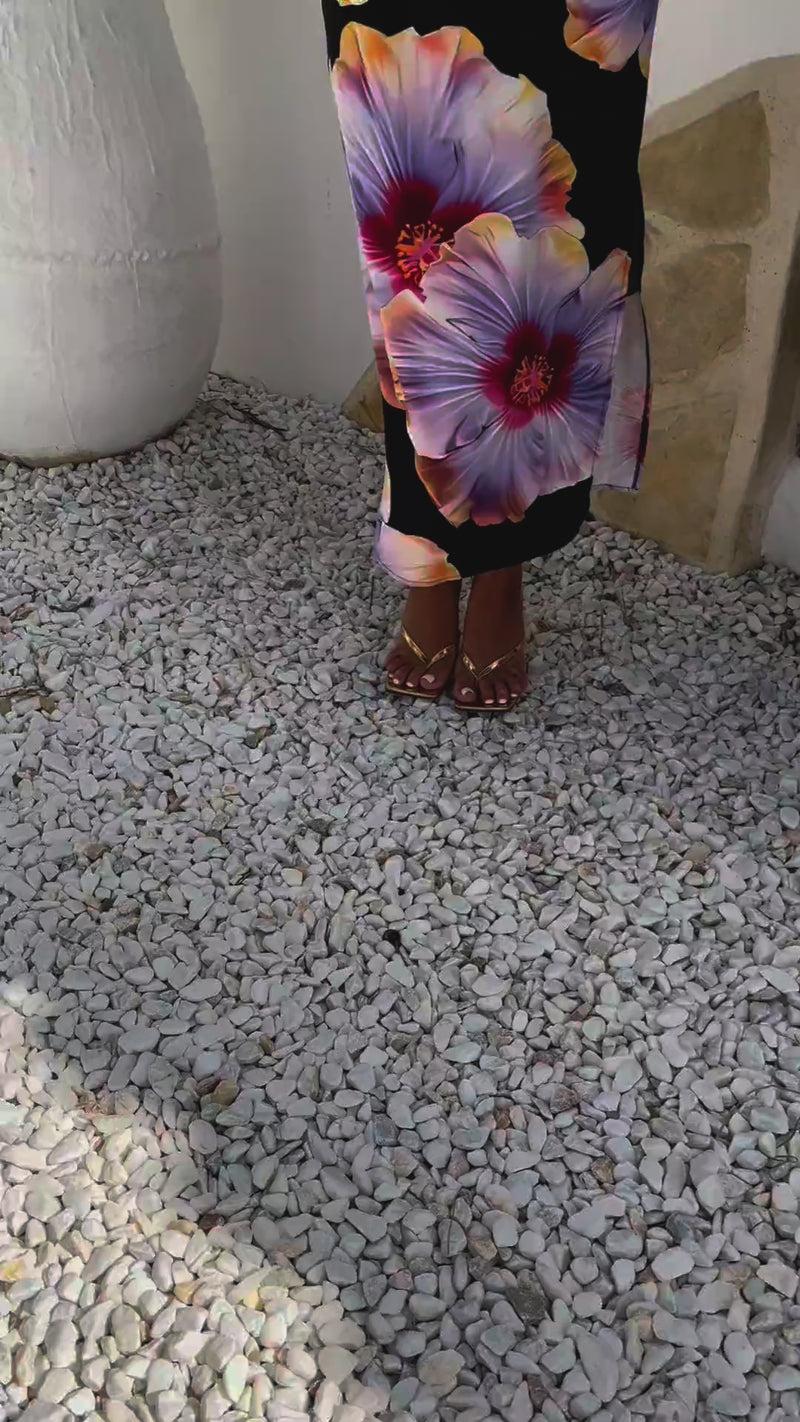 Ax Paris Black And Lilac Floral Print Halter Neck Draped Waist Midi Dress