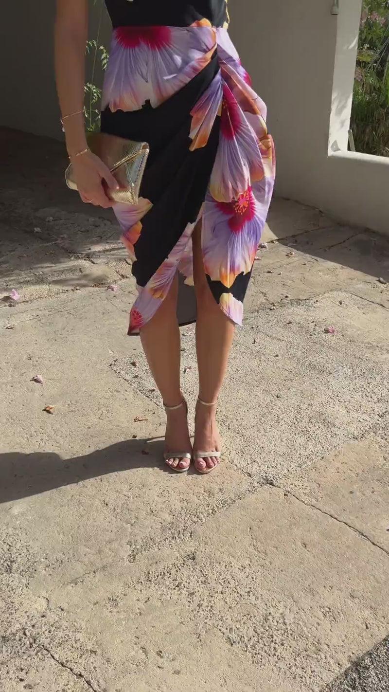 Ax Paris Black And Lilac Floral Print Strap Detail Gathered Skirt Midi Dress