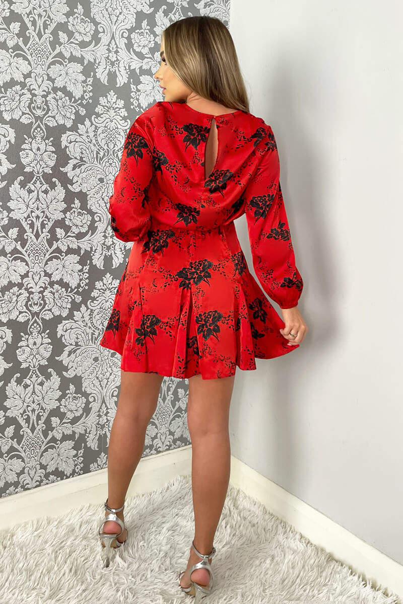 Ax Paris Black And Red Printed Long Sleeve Round Neck Mini Dress