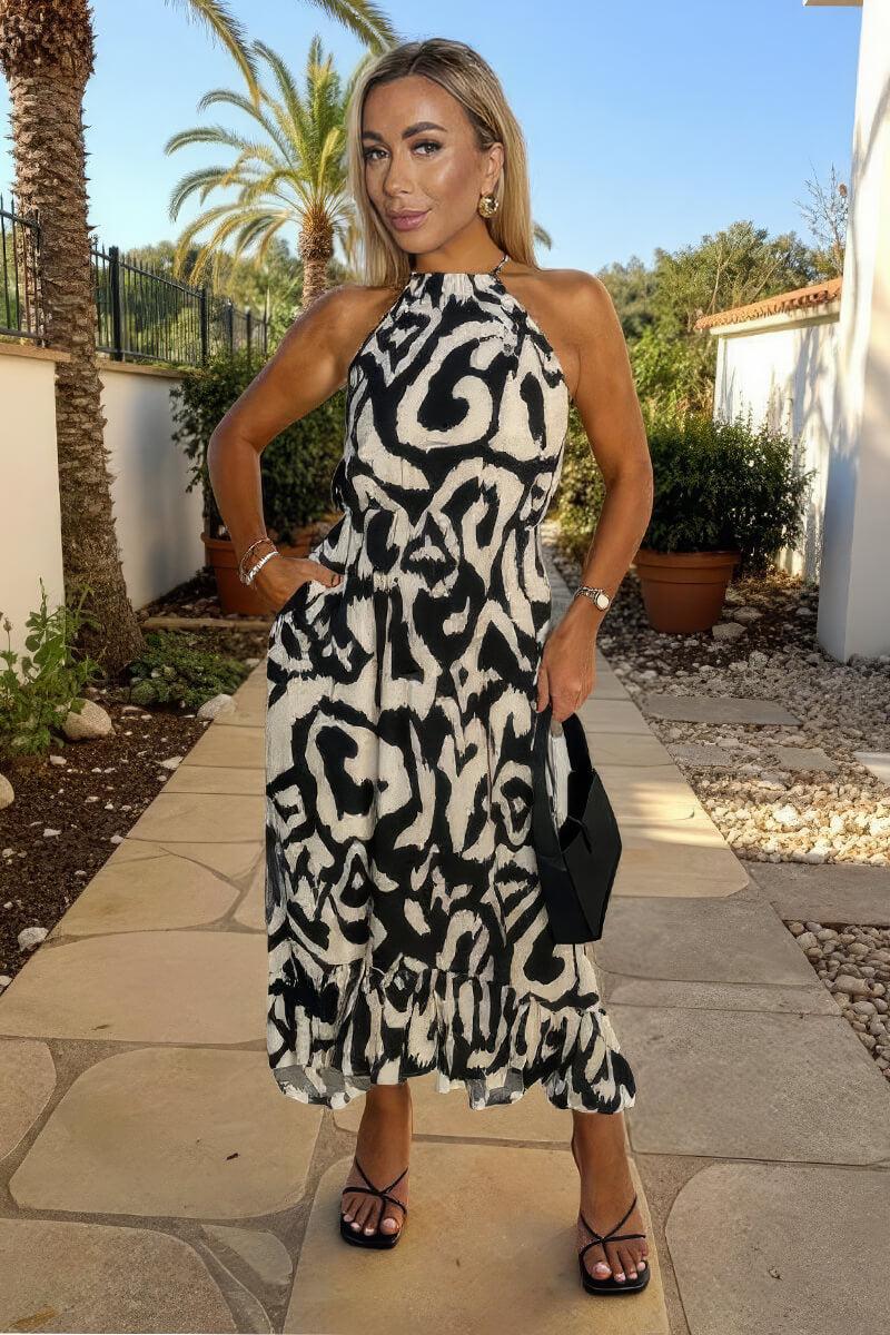 Ax Paris Black And White Abstract Print Racer Neck Frill Hem Midi Dress
