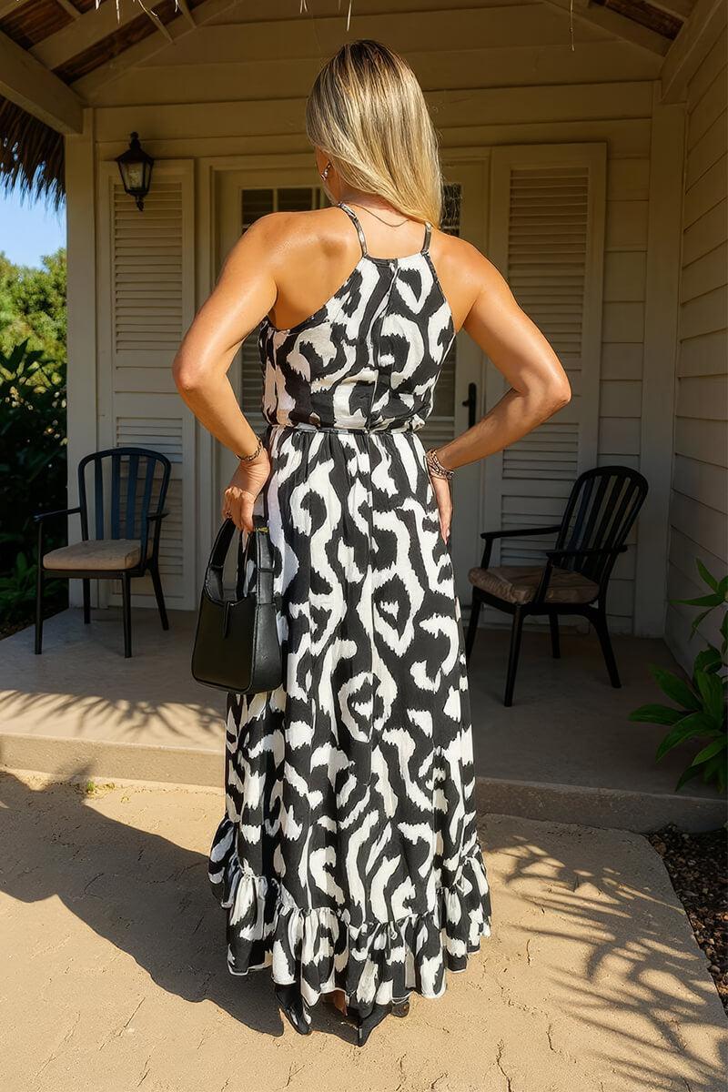 Ax Paris Black And White Abstract Print Racer Neck Frill Hem Midi Dress