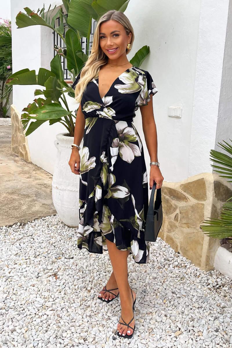 Ax Paris Black And White Floral Print Frill Hem Wrap Midi Dress