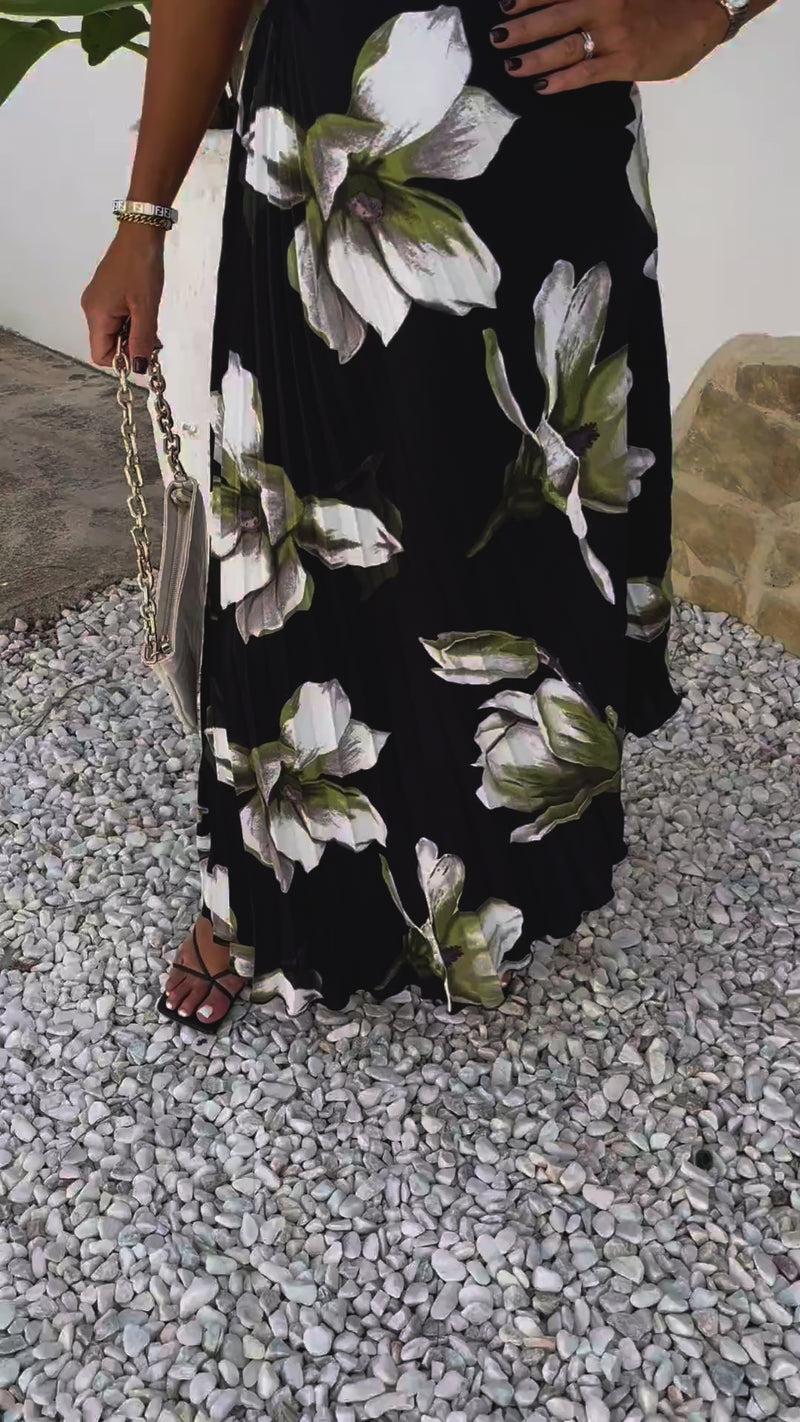 Ax Paris Black And White Floral Print One Shoulder Cut Out Pleated Midi Dress