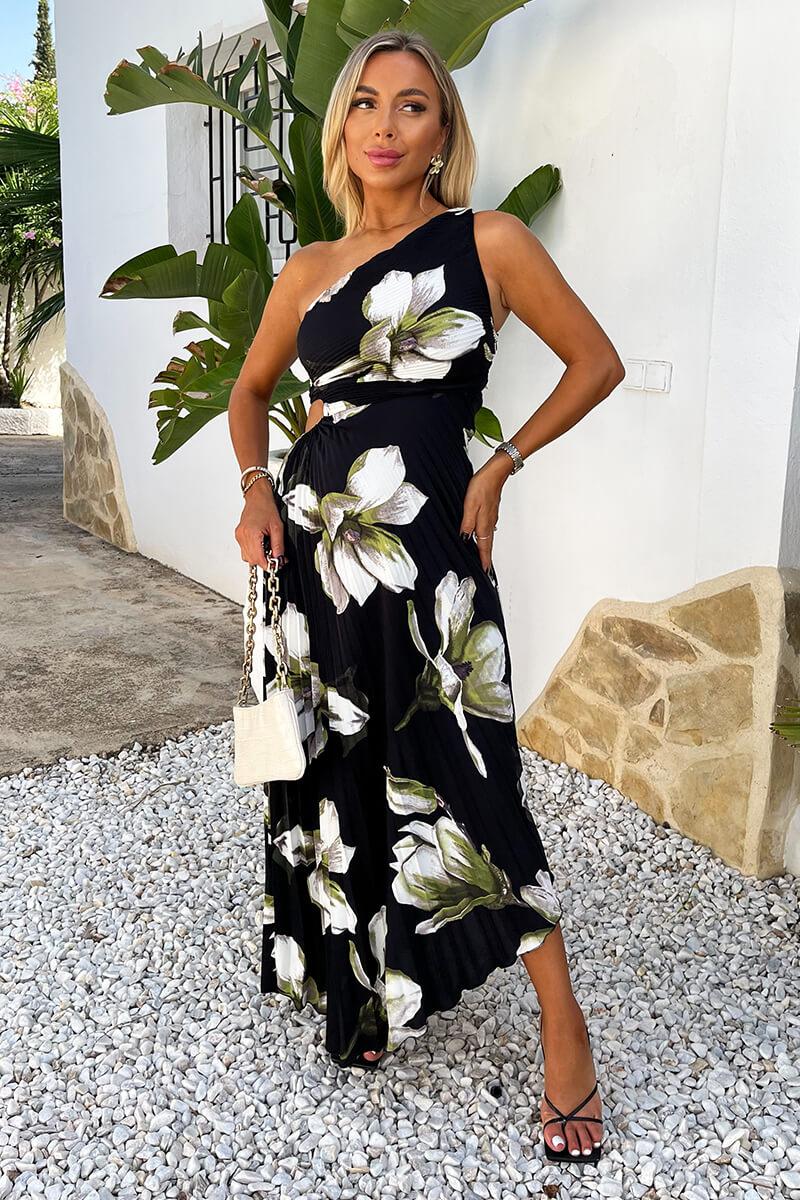 Ax Paris Black And White Floral Print One Shoulder Cut Out Pleated Midi Dress