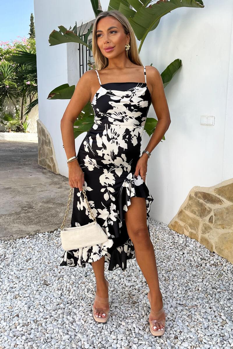Ax Paris Black And White Floral Print Strappy High Low Frill Hem Midi Dress