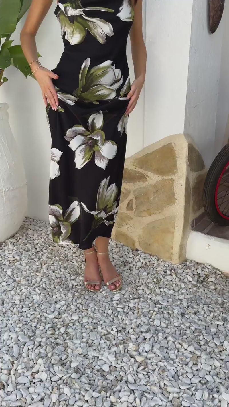 Ax Paris Black And White Floral Print Strappy Twist Back Slip Midi Dress