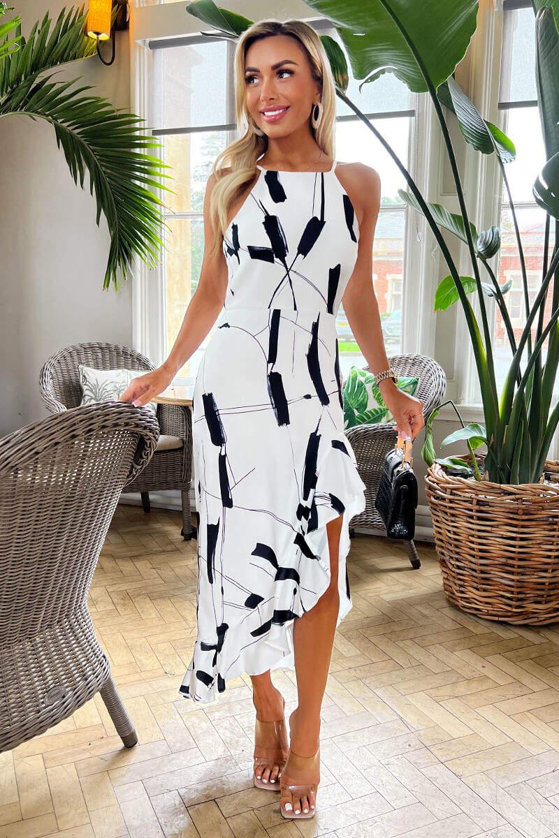 Ax Paris Black And White Frill Hem High Neck Midi Dress
