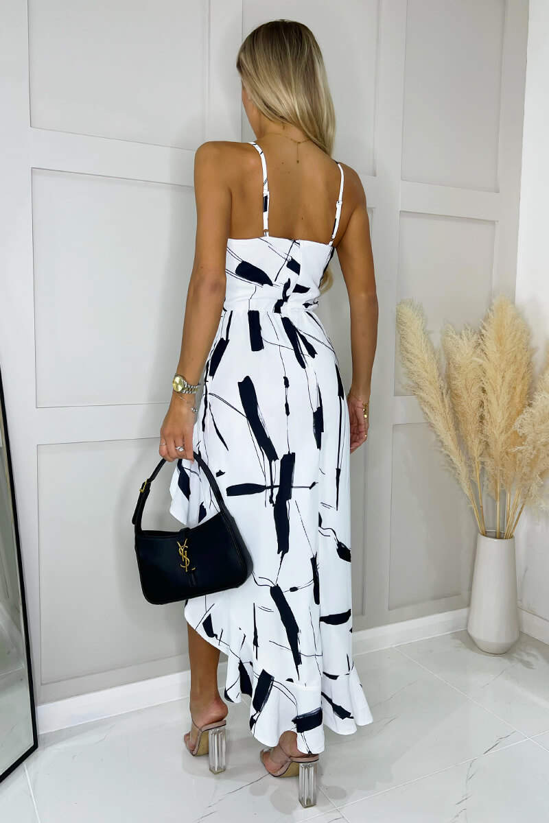 Ax Paris Black And White Frill Hem High Neck Midi Dress