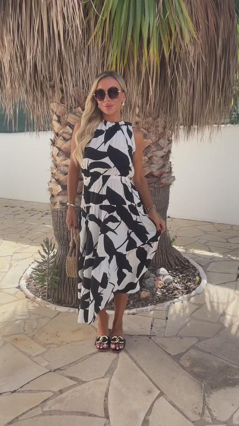 Ax Paris Black And White Leaf Print Sleeveless Tiered Smock Midi Dress