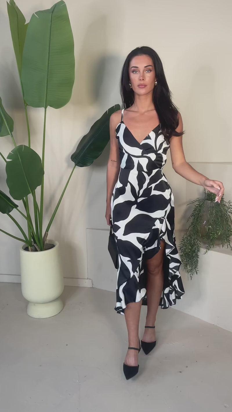 Ax Paris Black And White Leaf Print Strappy Wrap Top High Low Frill Hem Midi Dress