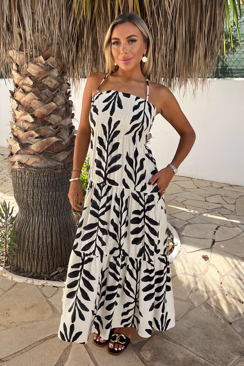 Ax Paris Black And White Leaf Print Tie Neck Shirred Top Smock Midi Dress