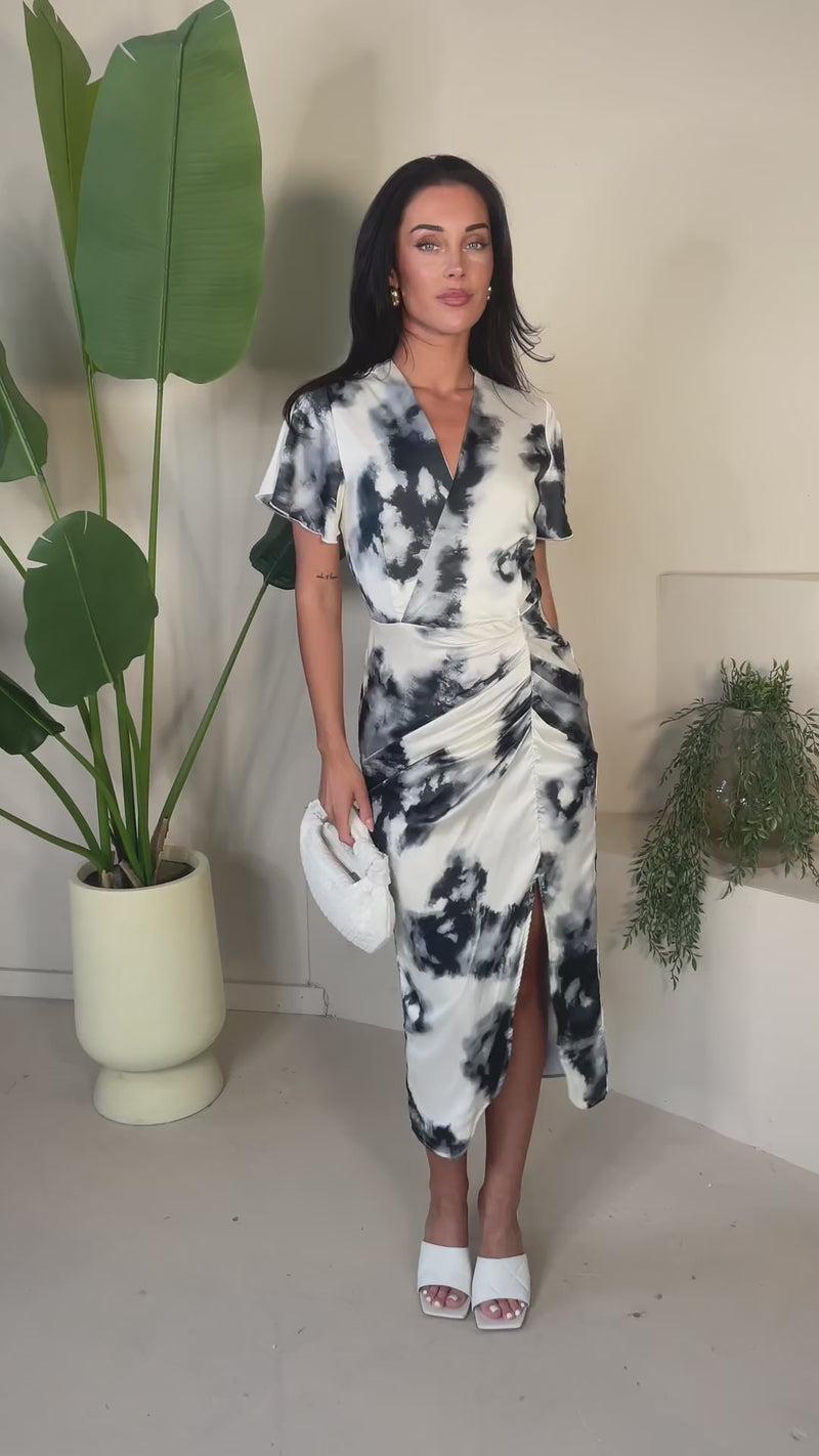 Ax Paris Black And White Marble Print Flutter Sleeve Wrap Top Gathered Midi Dress