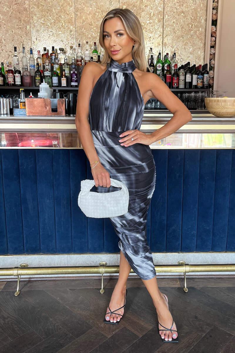Ax Paris Black And White Marble Print Halter Neck Ruched Mesh Midi Dress