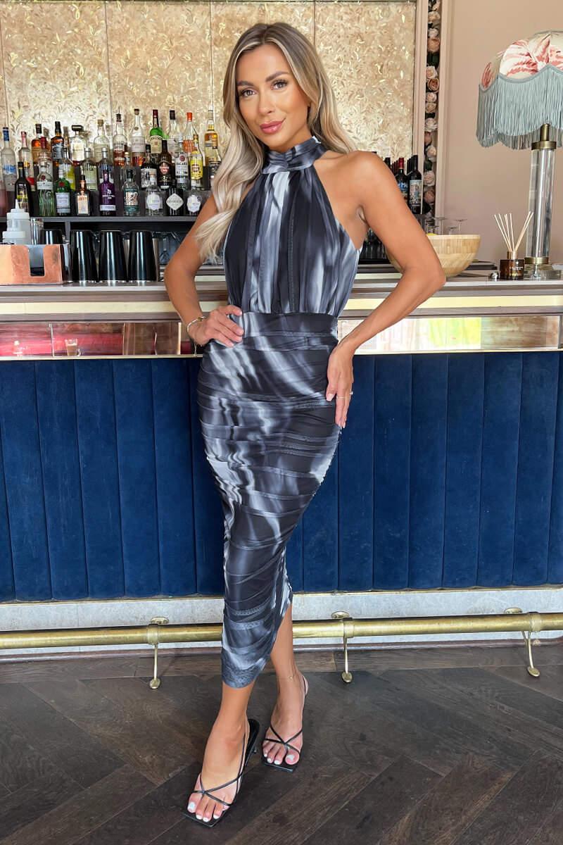 ax paris Black And White Marble Print Halter Neck Ruched Mesh Midi Dress