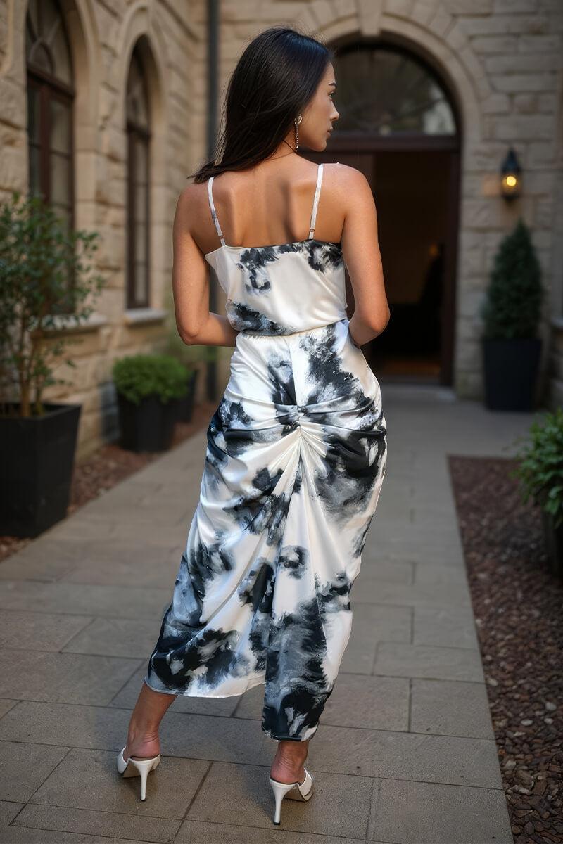 Ax Paris Black And White Marble Print Strappy Wrap Top Knot Skirt Midi Dress