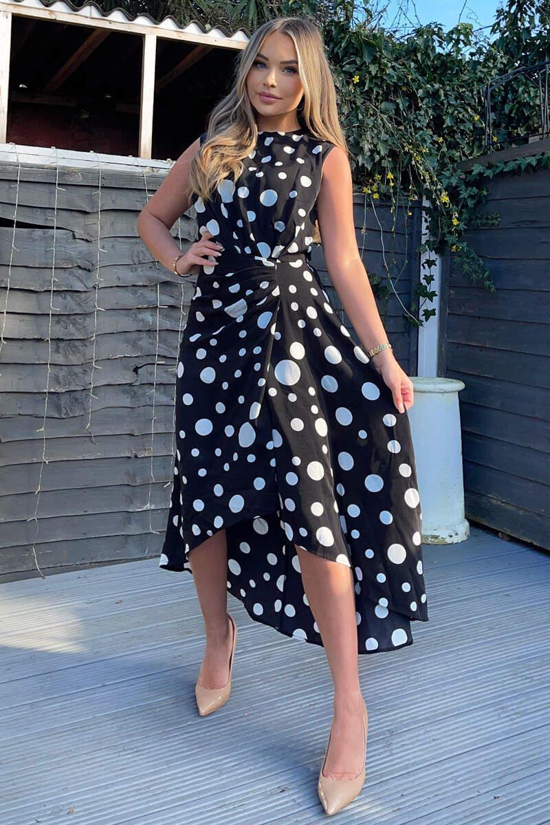 Ax Paris Black And White Polka Dot Gathered Midi Dress