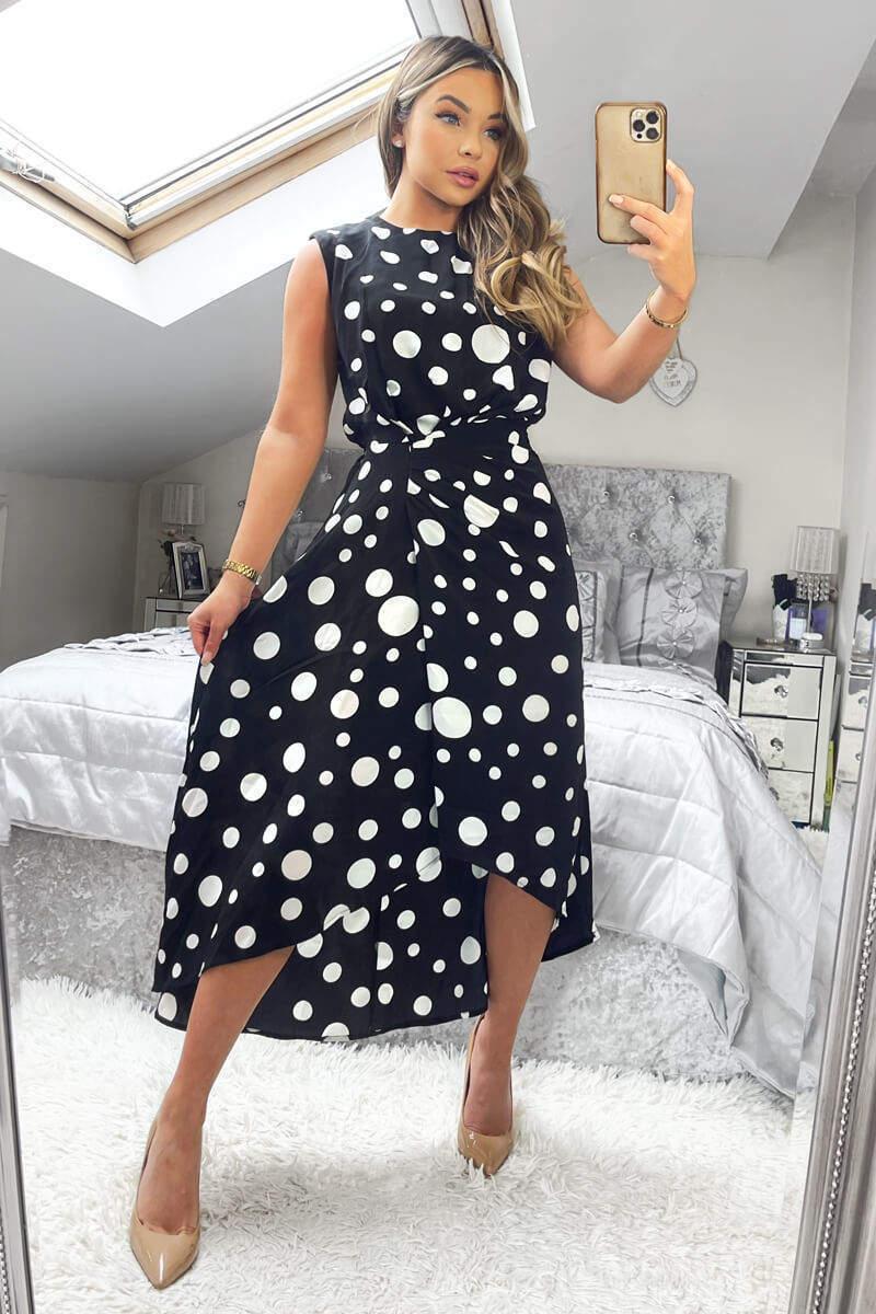 Ax Paris Black And White Polka Dot Gathered Midi Dress