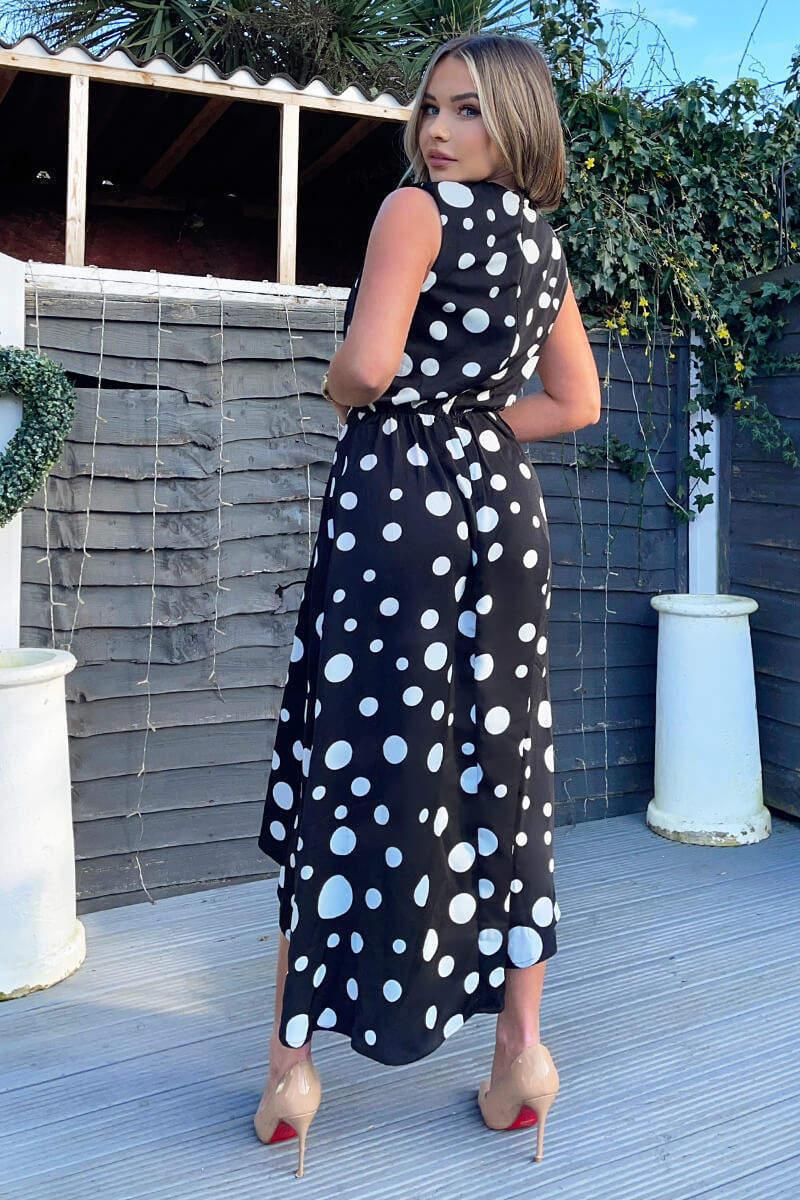 Ax Paris Black And White Polka Dot Gathered Midi Dress