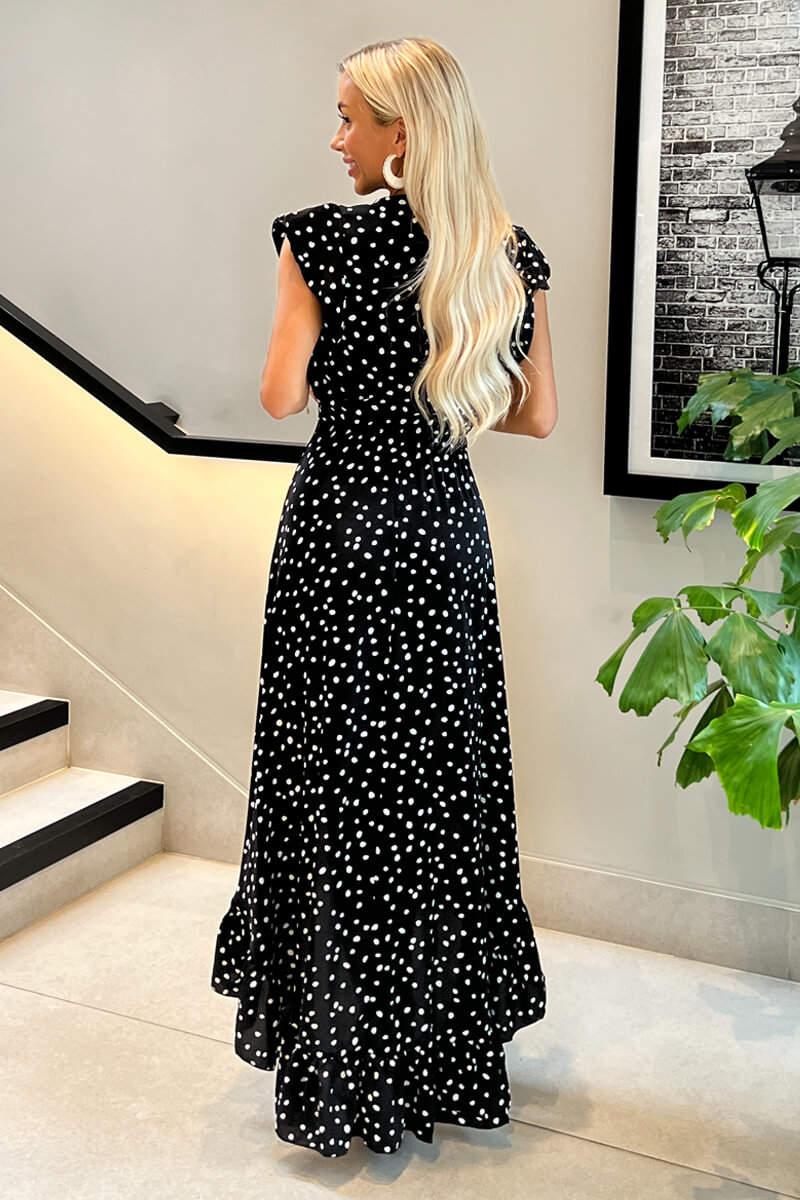 Ax Paris Black And White Polka Dot Wrap Over Top Frill Hem Midi Dress