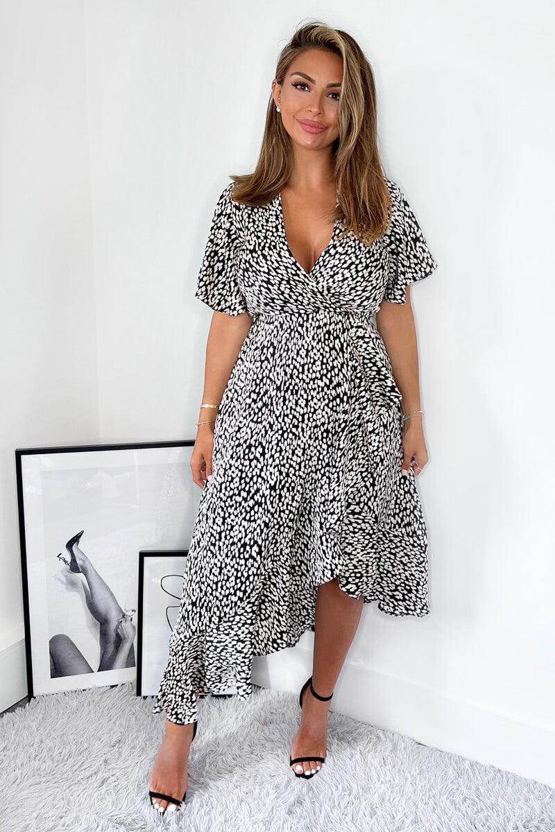 Ax Paris Black And White Printed Frill Hem Short Sleeve Midi Dress
