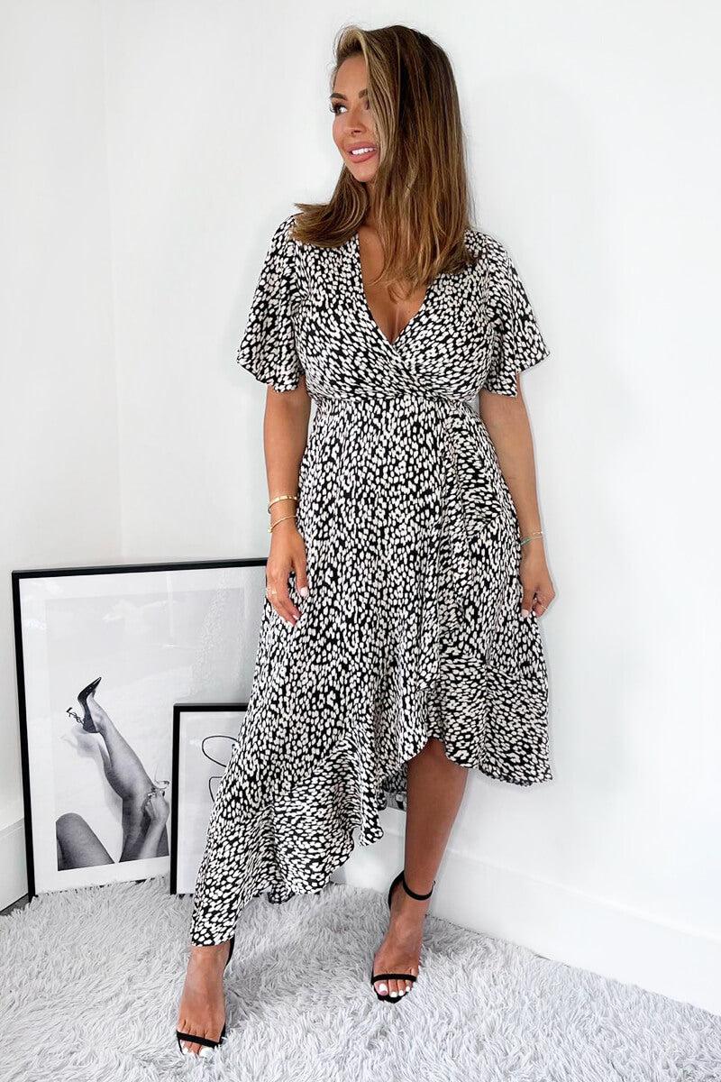 Ax Paris Black And White Printed Frill Hem Short Sleeve Midi Dress