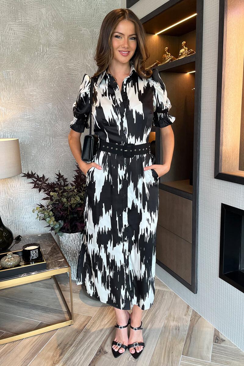 Ax Paris Black And White Printed Short Sleeve Belted Shirt Midi Dress