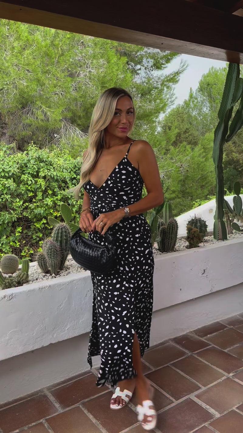 Ax Paris Black And White Spot Printed Strappy Wrap Top Tie Waist Midi Dress