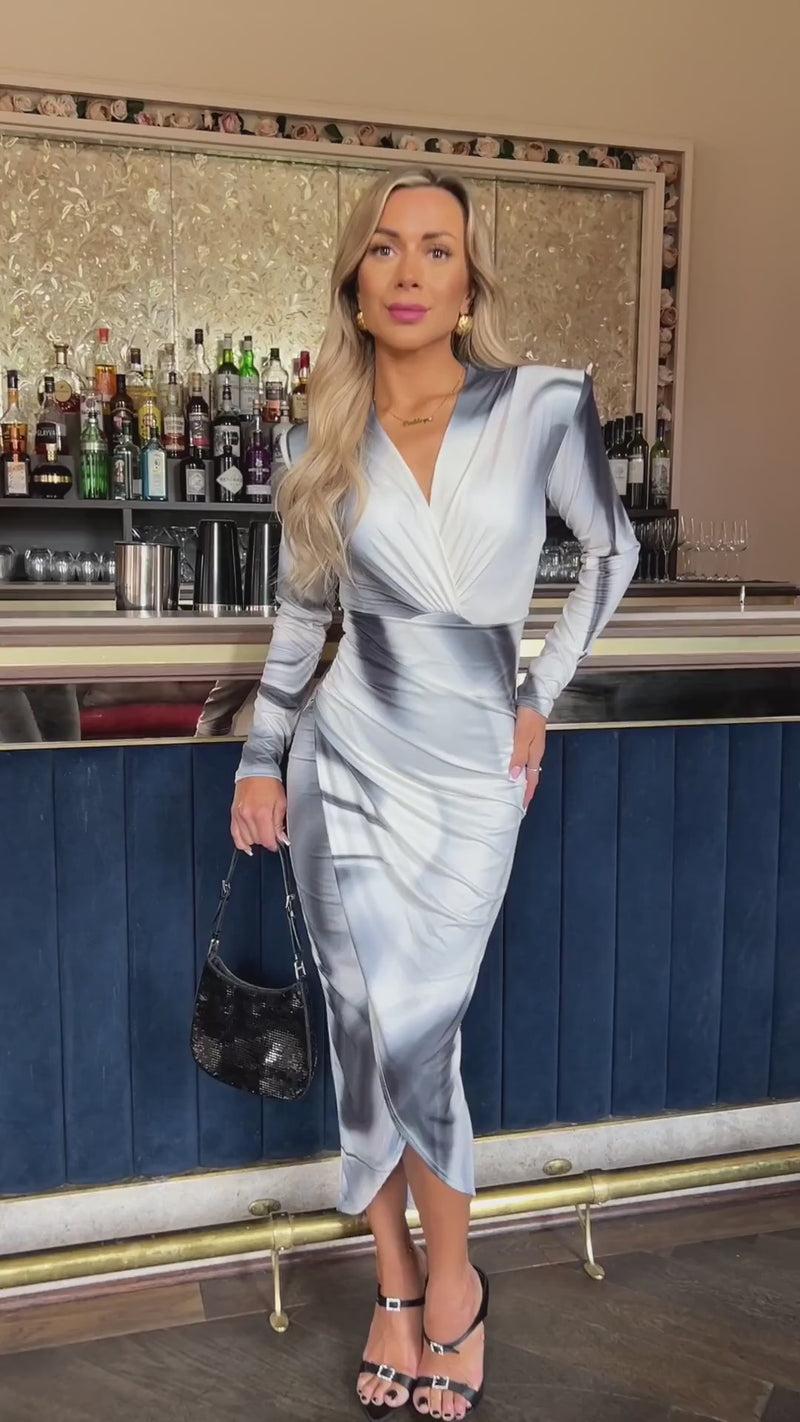 Ax Paris Black And White Wave Print Long Sleeve Wrap Midi Dress