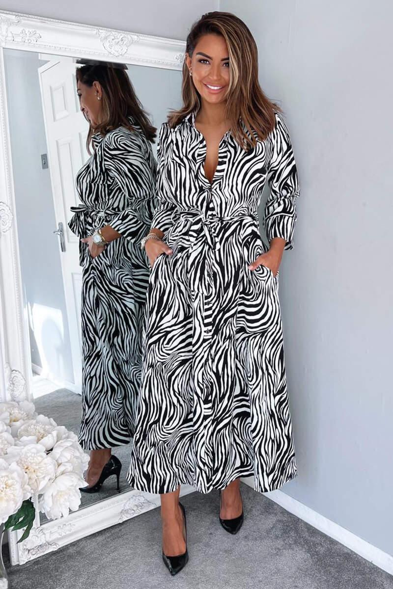 Ax Paris Black And White Zebra Print Midi Shirt Dress