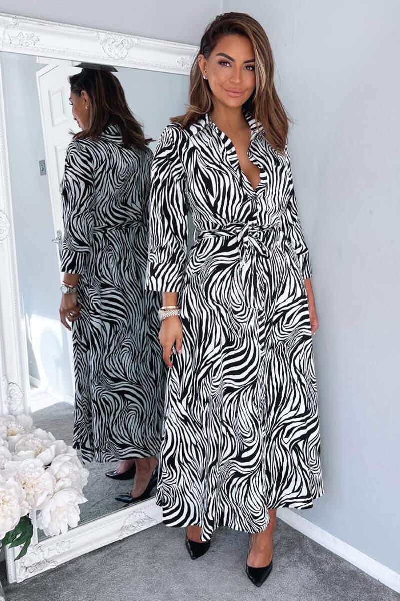 Ax Paris Black And White Zebra Print Midi Shirt Dress