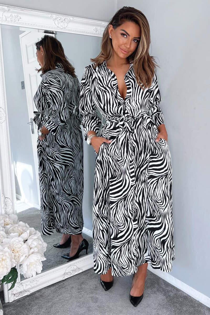 Ax Paris Black And White Zebra Print Midi Shirt Dress