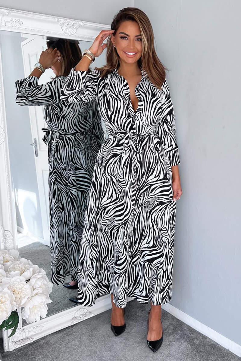 ax paris Black And White Zebra Print Midi Shirt Dress