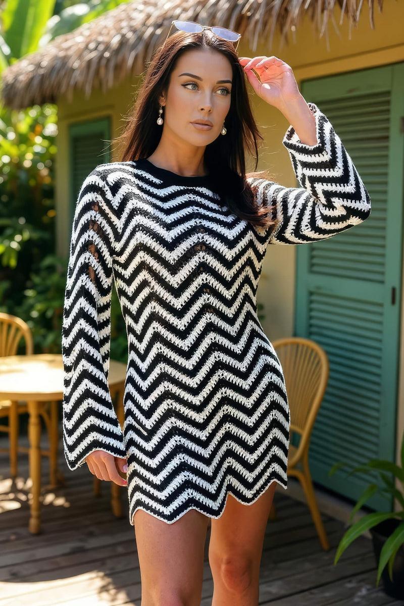 Ax Paris Black And White Zig Zag Long Sleeve Crochet Mini Dress
