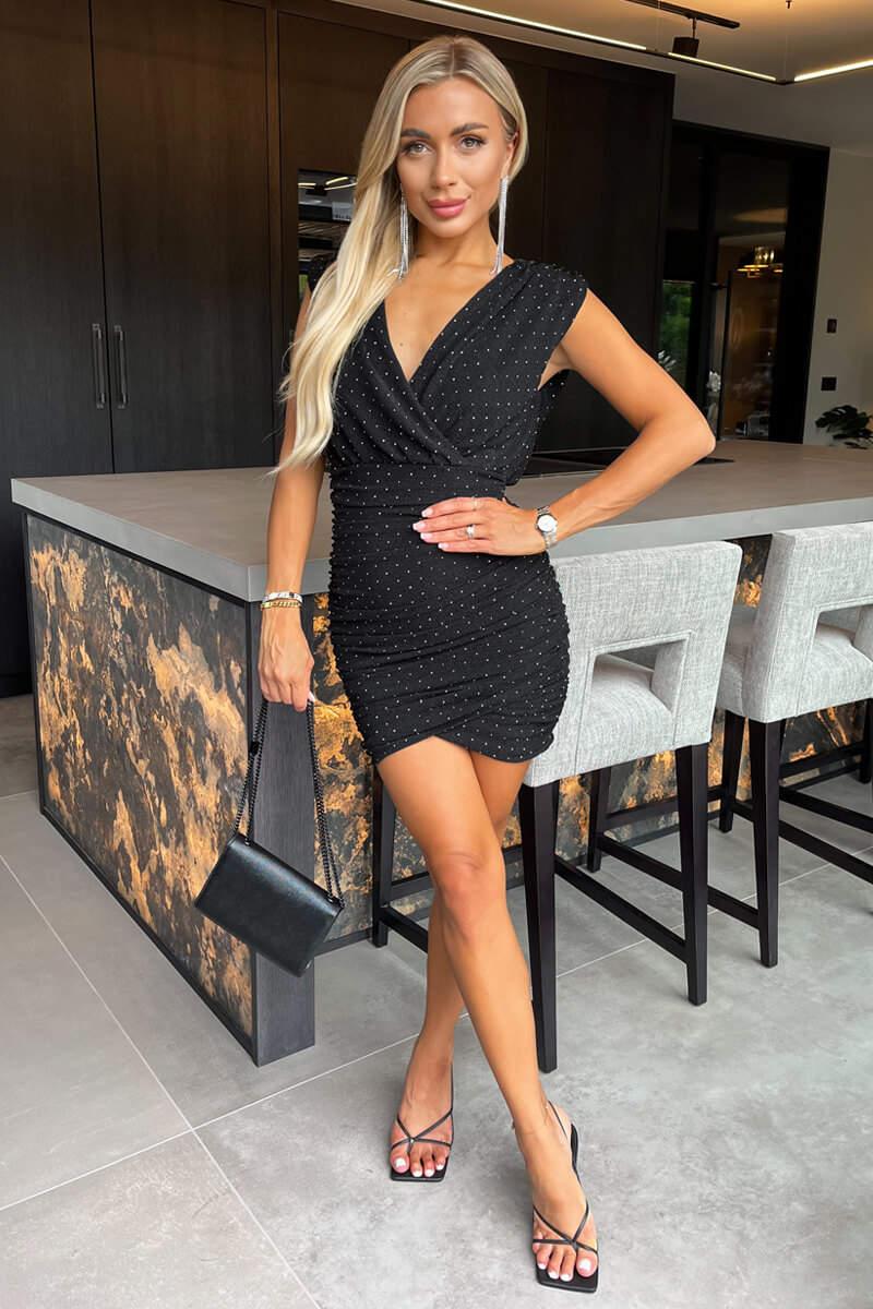 Ax Paris Black Diamante Sparkle Wrap Top Ruched Skirt Mini Dress