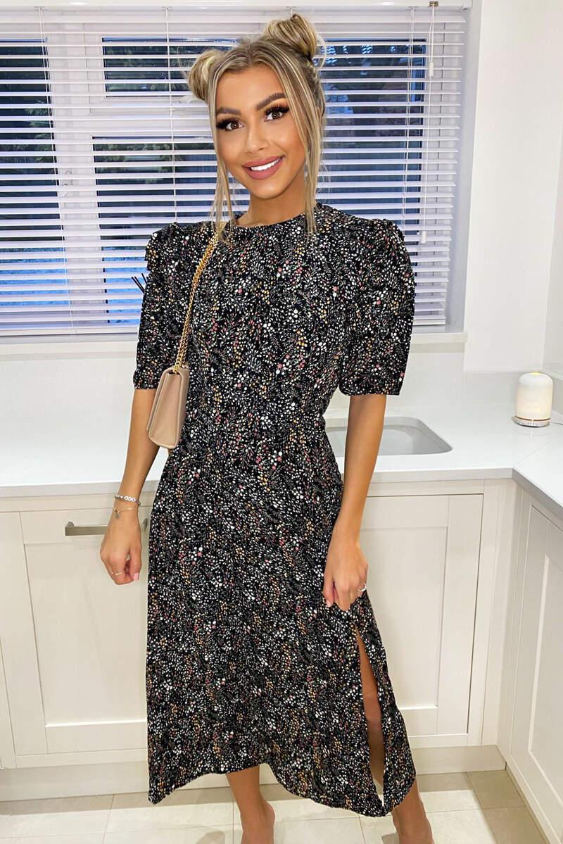 ax paris Black Floral Pleated Puff Sleeve Midi Dress