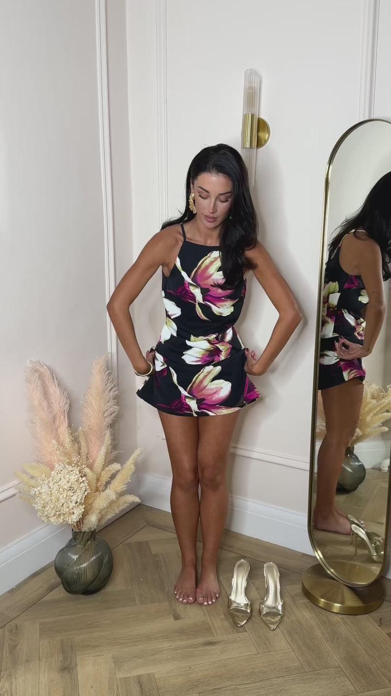 Ax Paris Black Floral Print Racer Neck Slip Mini Dress